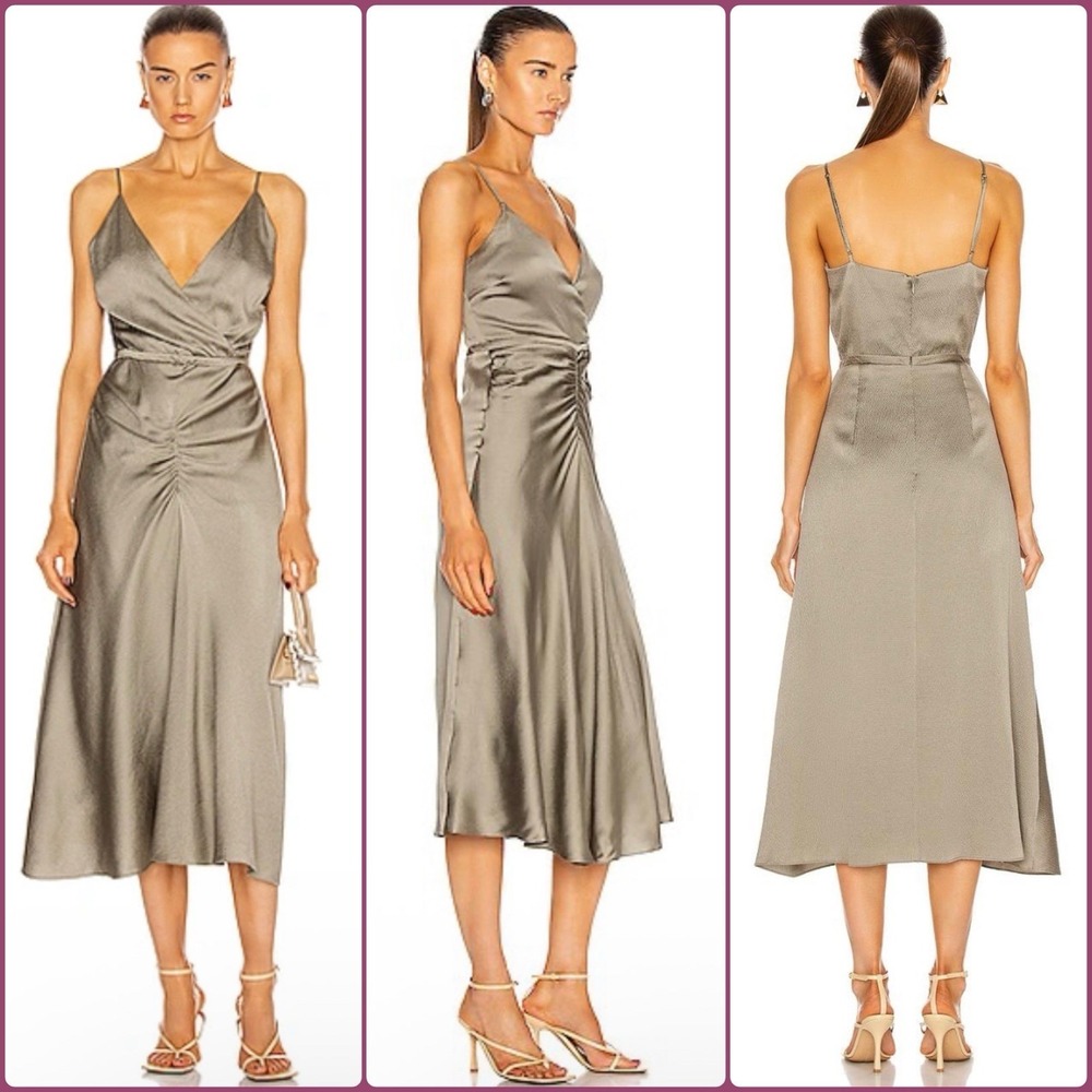 $448‎ Jonathan Simkhai Silk Midi Dress Hammered Satin Ruched Eucalyptus Green 6